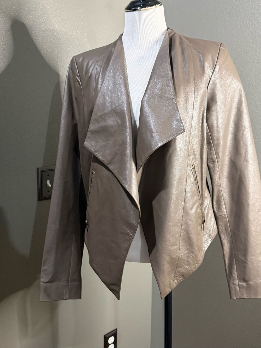 My Tribe Taupe Genuine Leather Draped Jacket
